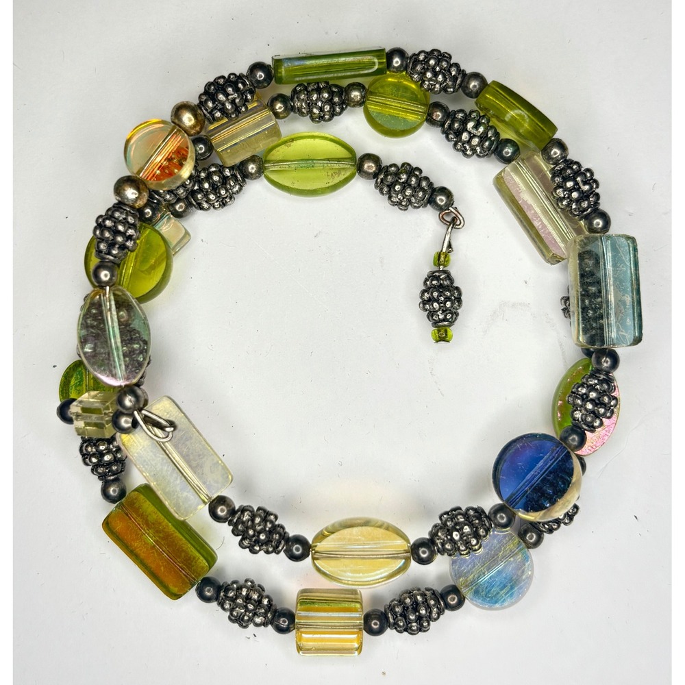 Vintage Metal Acrylic Boho Wrap Bracelet Green Yellow Iridescent Beaded Stack
